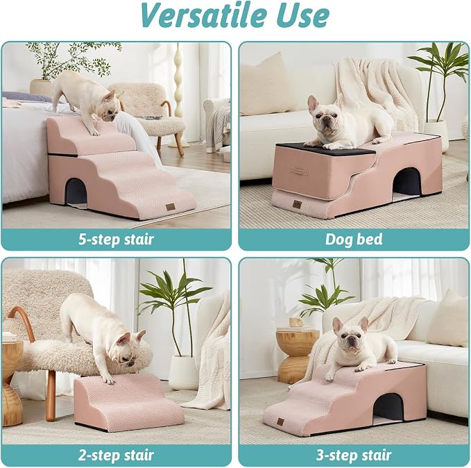 COZY KISS Extra Wide Dog Stairs with Tunnel, Detachable Large Pet Step for Small Medium Dog, Puppy or Cat, Ramp for High Bed, Couch, Sofa or Car, Stable, 19.7x33x22.4 inch, 5 Step, Pink