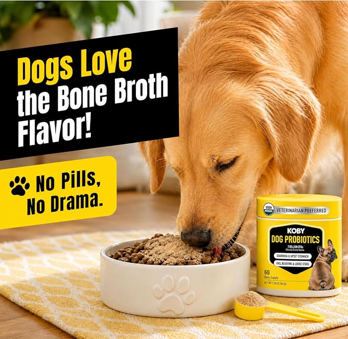 Koby Dog Probiotic Powder, 7B CFU with 8 Strains for Diarrhea, Sensitive Stomach & Gut Health, USDA Organic, Vet Developed, Bone Broth, 60 Scoops