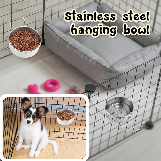 mumufy 6 Pieces Stainless Steel Hanging Water Bowls with Holder Detached Anti Spill Pet Metal Bowl Cage Kennel Crate Food Bowl(16 x 6 cm)