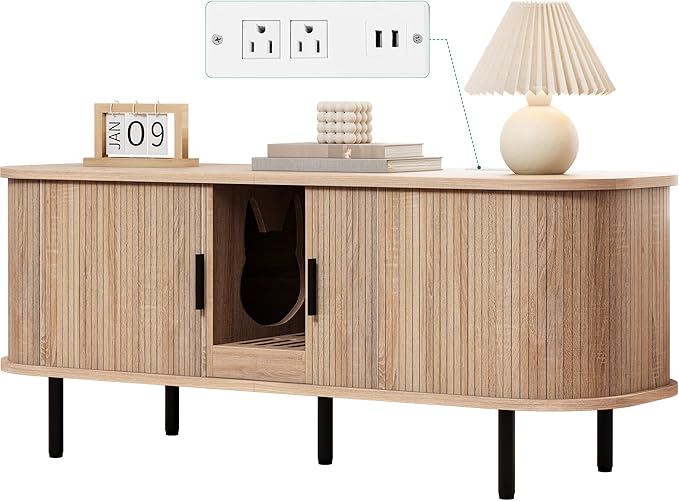 YITAHOME Double Cat Litter Box Enclosure with Power Outlet, 55.1in Litter Box Furniture Hidden, Wooden Kitty Litter Box TV Stand Furniture for 2 Cats, Light Oak
