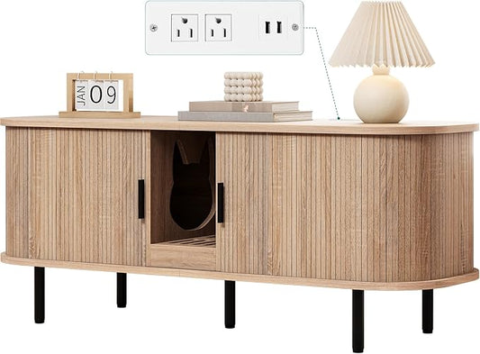 YITAHOME Double Cat Litter Box Enclosure with Power Outlet, 55.1in Litter Box Furniture Hidden, Wooden Kitty Litter Box TV Stand Furniture for 2 Cats, Light Oak