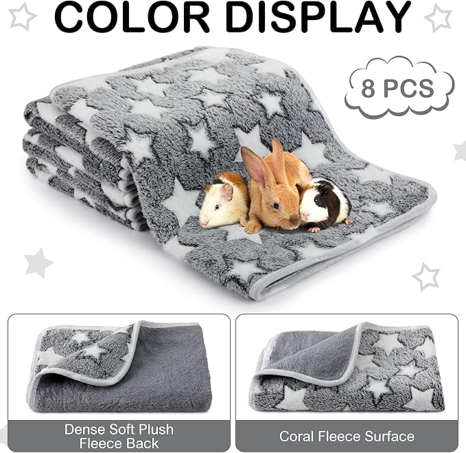 Tudomro 8 Pcs Absorbent Guinea Pig Blankets Washable Small Animal Fleece Bedding Cage Liners Reusable Pet Sleep Mat Pad Cover for Ferret Chinchilla Furniture Protection(Grey Star,16 x 24 Inch)