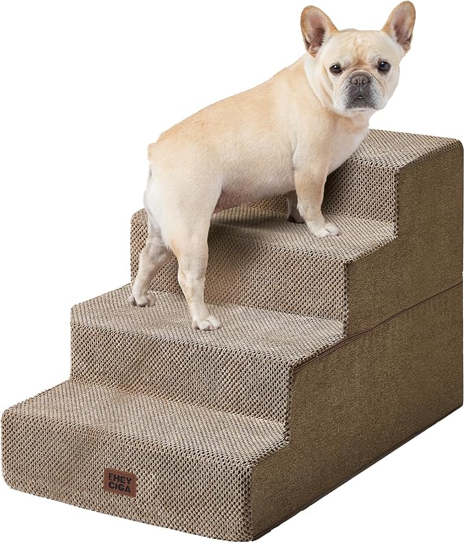 EHEYCIGA Dog Stairs for Bed 20" H, 4-Step Extra Wide Dog Steps for High Bed, Pet Steps for Small Dogs and Cats, Non-Slip Balanced Pet Ramp Indoor, Camel