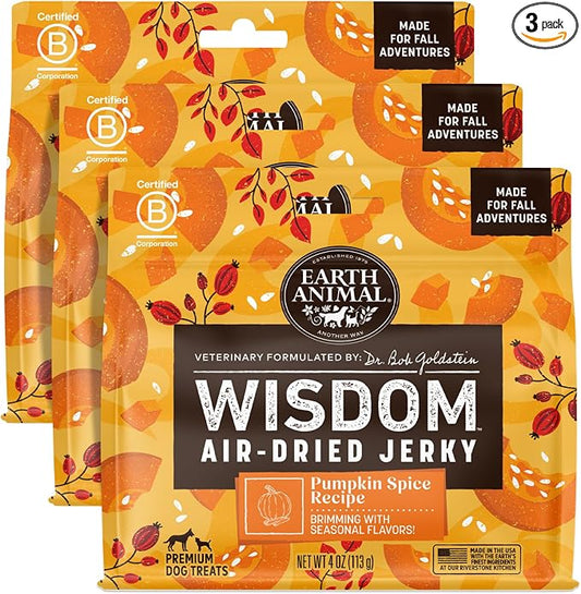 Earth Animal Wisdom Air Dried Jerky - Seasonal Pumpkin Spice Premium Natural Jerky Strips Dog Treats - 3 Pack 4 oz Bag