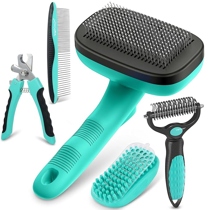 Self Cleaning Slicker Brush for Dog - 5 PCS Dog Brush Grooming Kit,Undercoat Rake Brush Comb for Small Large Dogs Cats, Dog Hair Brush Set, Grooming Deshedding at Home or Travel, Green