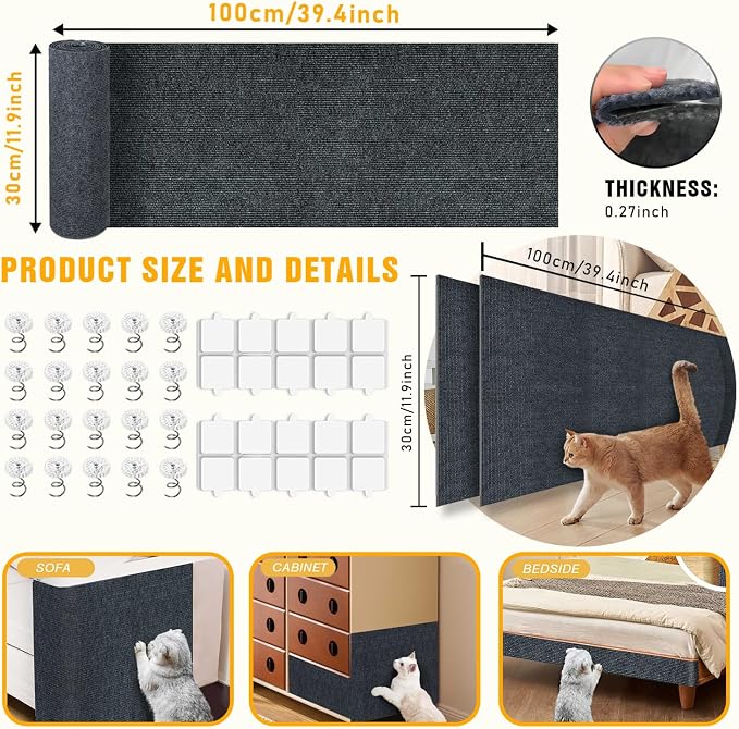 Cat Scratch Mat, 3PCS 39.4"x11.9" DIY Trimmable Self-Adhesive Cats Scratching Mat, Couch Protector from Cats Claw, Cat Scratch Furniture Protector Or Couch Protector (Dark Gray)