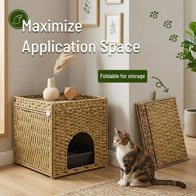 Neti Neti Cat Litter Box Enclosure Furniture, A Calm Enclosed Space Chosen by Cats, Handwoven Rattan Hidden Cabinet with 2 Removable Mats, Large Foldable Design for Indoor Use, Small, Natural