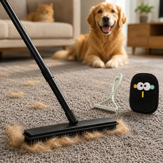 GOOGO Pet Hair Removal Tool Kit, 3 in 1 Carpet Rake Set with Black Long Handle Brush, Mint Green Scraper and Scalable Pet Broom Glove for Carpets, Couches and Cars