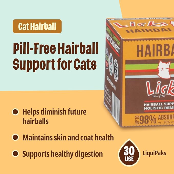 Licks Cat Hairball - Supports Hairball, Digestion & Skin Health for Cats - Cod Liver Oil, Psyllium, Flaxseed & Beeswax - Pill-Free Gel Packets - 30 Packets
