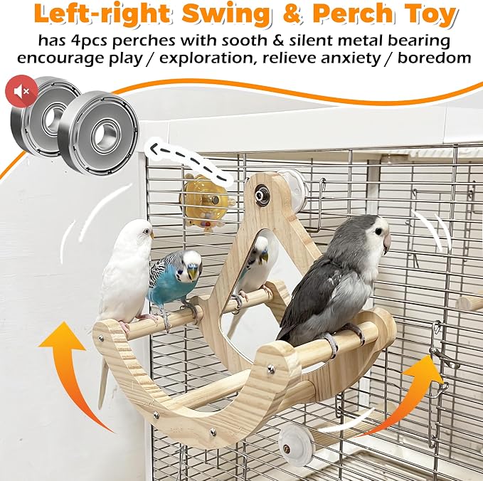 Bird Perch Toy with Mirror for Cage, Wooden Interactive Rocking Exercise Wheel, Spinner Rattle Chewing Enrichment Toy, Cage Accessories for Parakeet Cockatiel Conure (1pc, Random Color)