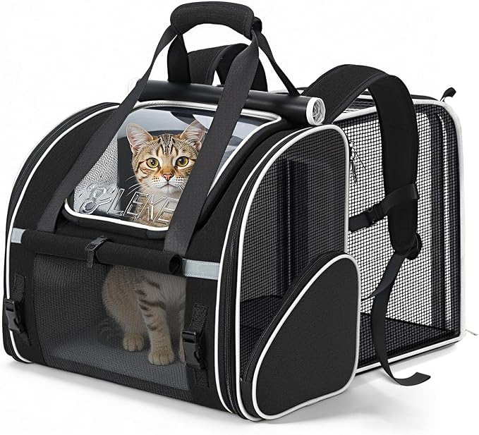 Lekereise Widened Pet Backpack Travel, Wide Pet Carrier Backpack for Large Cats and Dogs up to 20 lbs, Breathable Mesh Backpack Carrier with Sun Shade, Leash, Hand Carry for Travel Vet Car, Black
