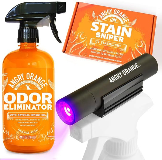 ANGRY ORANGE Pet Odor Eliminator Kit for Dog/Cat Urine, 24oz Citrus Odor Eliminator Spray and Stain Sniper Flashlight - NEW Orange Rush Scent