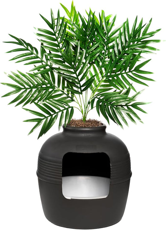 Good Pet Stuff Original Hidden Litter Box Planter, Decorative Cat Litter Enclosure, Carbon Filter, Faux Plant, Easy to Clean, Round Design, Removable Tray, Essentials Kit, Palm Plant, Charcoal Black