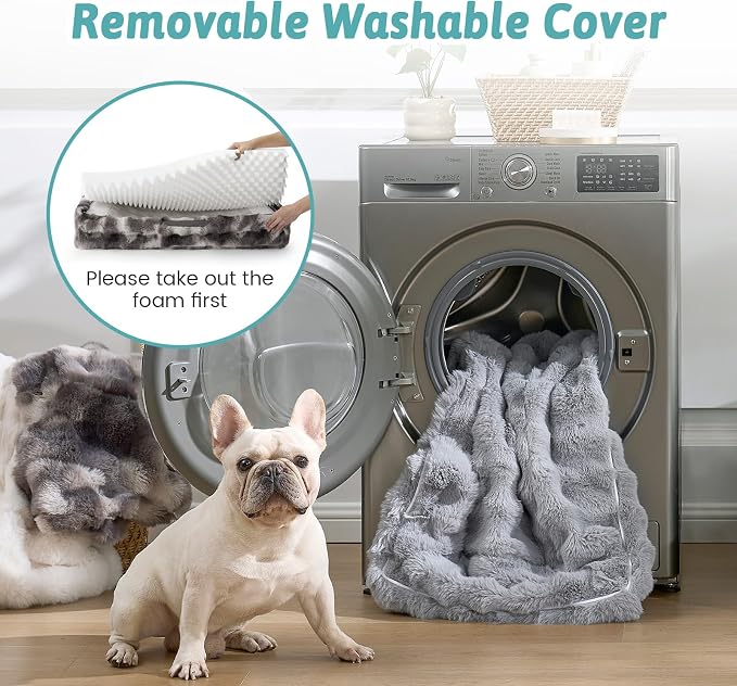 COZY KISS Orthopedic Dog Bed for Medium Small Size Dog, Soft and Warm Faux Fur Sofa for Pet Up to 40 lbs, Foam Bolster Anti-Slip Couch with Washable Removable Cover, M 30x20x6.5 inch, Tie Dye Grey