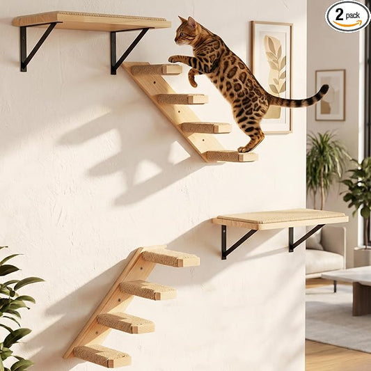 Cat Wall Furniture Set, 2PCS Cat Shelves & 2PCS 4 Steps Wall Shelves Stairs Tower Climbing Scratching Perches for Climbing Sleeping, Playing