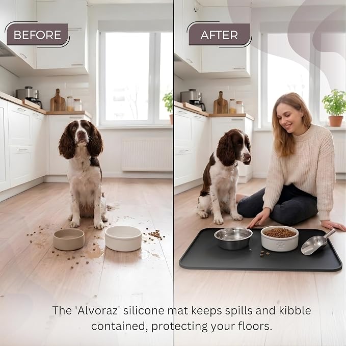 Silicone Pet Feeding Mat 2 Pack 19 x 12 Inch Waterproof Dog & Cat Food Mat with Raised Edge, Non Slip BPA Free Dog Bowl Mat for Food and Water Bowls, Spill Proof Floor Protector (Black)