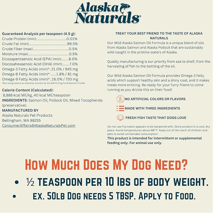 Alaska Naturals Wild Alaskan Salmon Fish Oil Supplement for Dogs Skin and Coat with EPA DHA Omega 3 Fatty Acids Liquid Food Topper 15.5 oz.