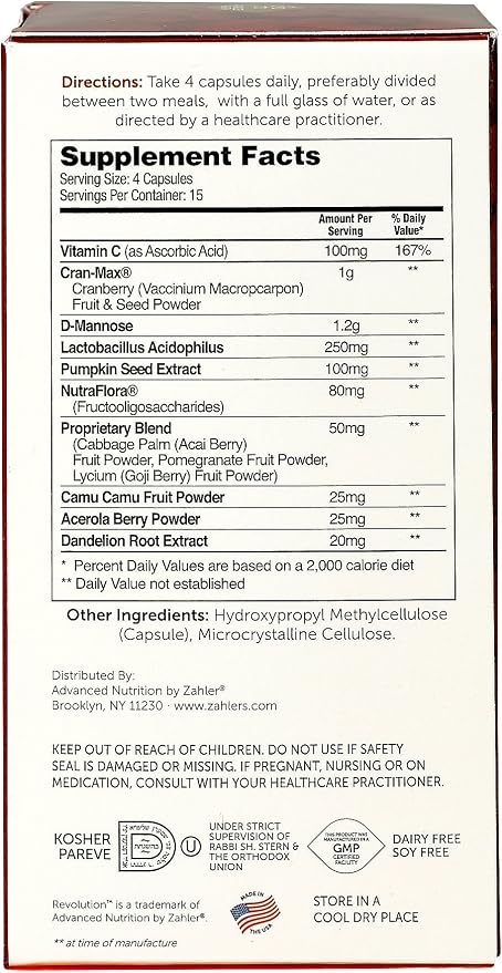 Zahler Revolution - Complete Womens Urinary Tract Health Formula with Probiotics - UTI Pills - 1200mg D-Mannose and Cranberry Supplement - Urinary Tract Infection Support for Women (60 Capsules)