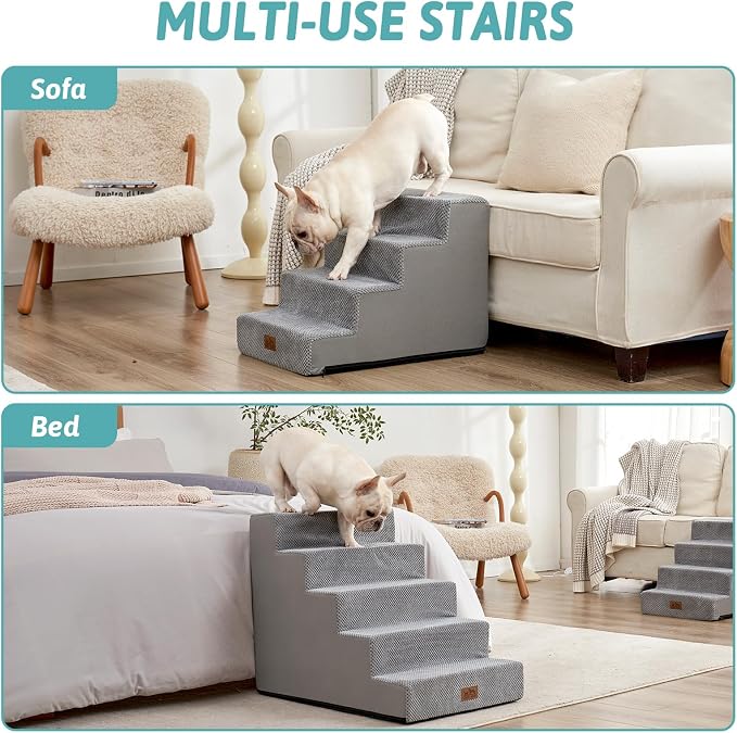 COZY KISS Dog Stairs for Small Dogs, 5 Tier Wider Pet Stairs for High Beds, 23.6" H Non-Slip Dog Steps for Old Cats, Puppies, Small Medium Dogs, 19.7x29.5x23.6 inch, Grey