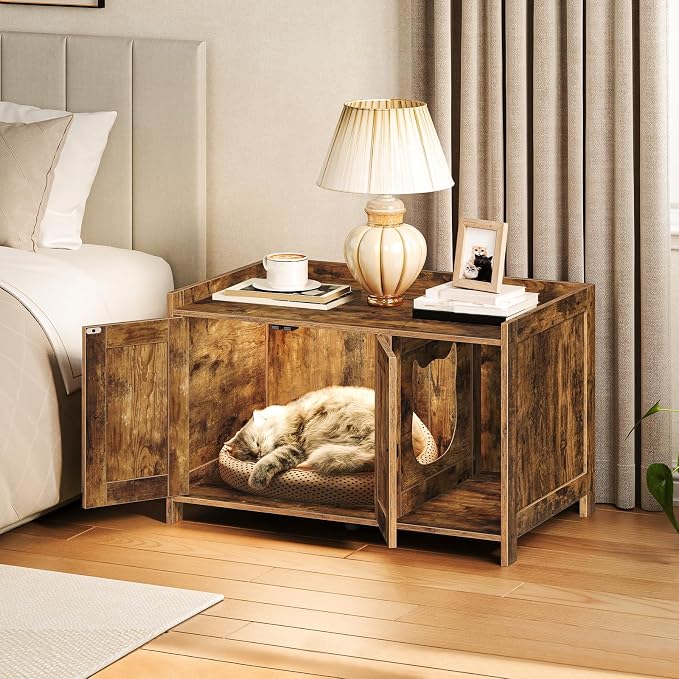 MAHANCRIS Cat Litter Box Enclosure, Hidden Litter Box Furniture with Divider, Indoor Cats House, Wooden Cat Washroom Storage Cabinet Bench, Side End Table Nightstand, Rustic Brown CWHR2501Z