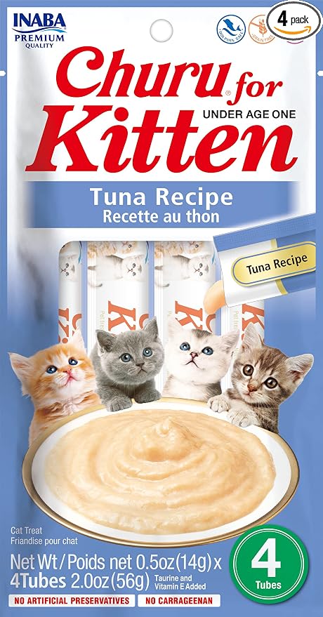 INABA Churu for Kittens, Grain-Free Creamy, Purée Lickable Cat Treats with DHA, EPA, Vitamin E & Taurine, 0.5 Ounces Each, 4 Tubes (1 Pack), Tuna Recipe