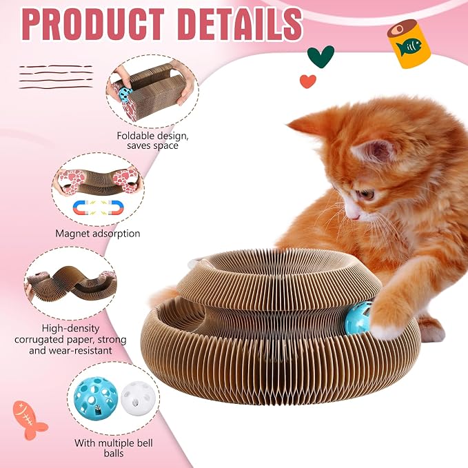 Soulchen 4 Pcs Magic Organ Cat Scratching Board, Combinable Cats Toy for Adult Pets, Interactive Cardboard Kitten Scratcher with Bell Ball, Durable Foldable Accordion Scratch Pad(Heart)