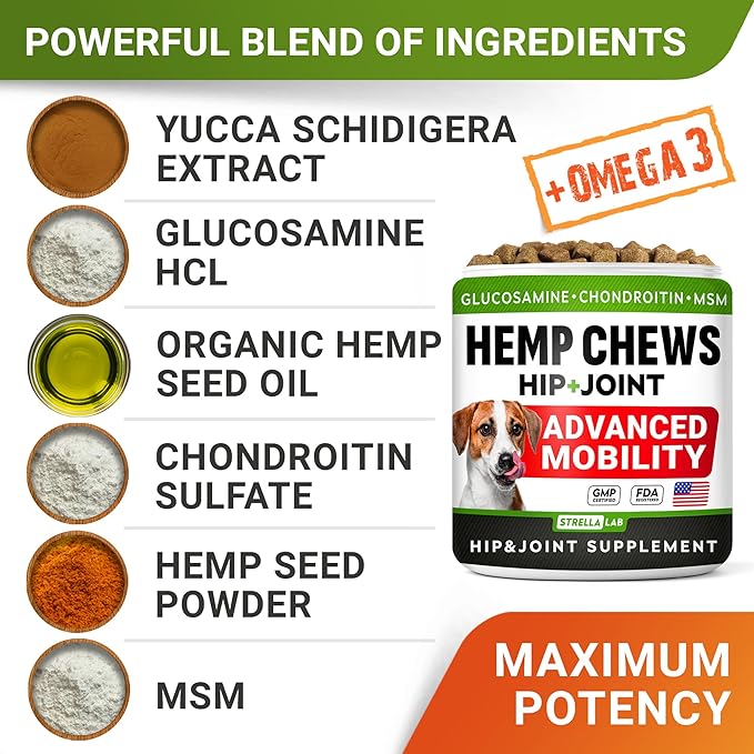 Large Breed Glucosamine Hemp Dog Joint Supplement - Hemp Chews for Dogs Hip Joint Pain Relief - Omega 3, Chondroitin, MSM - Advanced Mobility Hemp Oil Treats for Large Dogs - Made in USA - 360 Ct