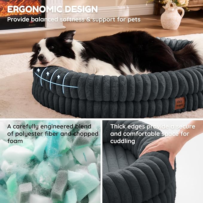 ChiXnuggle Orthopedic Dog Bed for XL Dogs, Waterproof Faux Rabbit Fur Dog Couch with Egg Crate Foam Support and Washable Removable Cover, Bolster Pet Sofa with Non-Slip Bottom, 41x30x7, Dark Grey