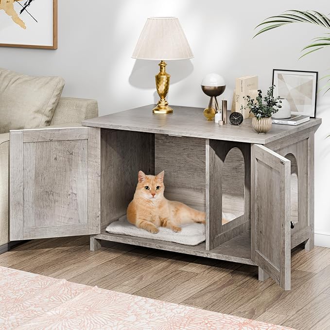 Shintenchi Cat Litter Box Enclosure, Litter Box Furniture Cabinet Hidden with Removable Divider, Wooden Cat House with End Table, Ash Oak Grey, 31.5 inch