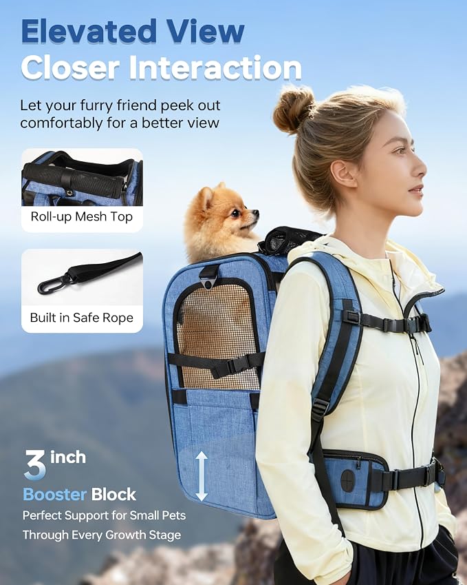 Hiking Dog Carrier Backpack, Padded Height-Enhancing Design, Adjustable Waist Cushioning Belt with Breathable Padded Back Support, Dog Carrier Backpack for Small Dogs Max 13LB Blue with Pad
