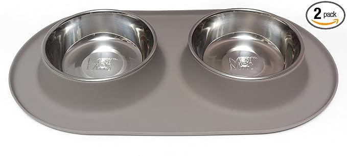 Messy Mutts Double Silicone Feeder with Stainless Bowls | Non-Skid Food Dishes for Dogs for All Pets | Dog Food Bowls | Large, 3 Cups Per Bowl | Grey