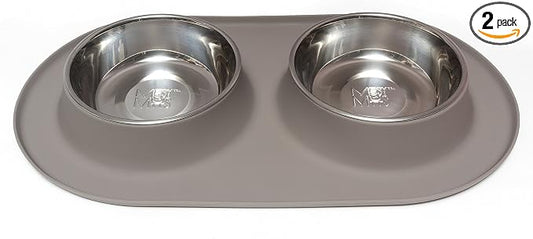 Messy Mutts Double Silicone Feeder with Stainless Bowls | Non-Skid Food Dishes for Dogs for All Pets | Dog Food Bowls | Large, 3 Cups Per Bowl | Grey