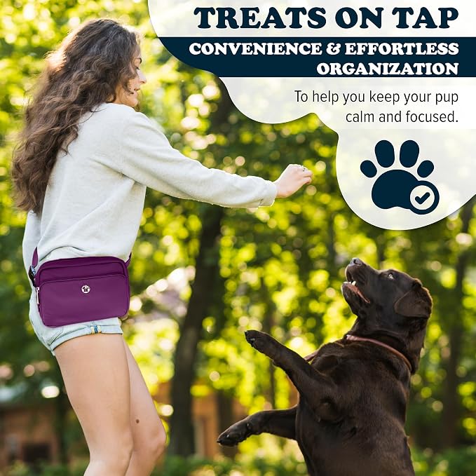 Puppington 3-in-1 Crossbody Dog Treat Pouch for Pet Training - Compostable Poop Bags, Built-In Poop Bag Dispenser, Slow-Feeding Travel Dog Bowl & Reflective Leash - Dog Walking Bag (Plum Wine)
