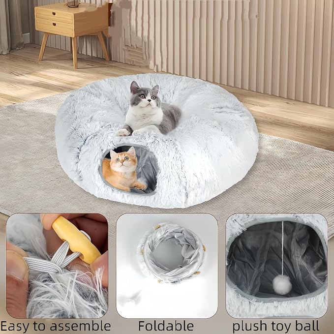 Cat Bed, cat Tunnel, Foldable Machine Washable Plush cat Bed, Grey (33.46 inches), with Hanging Toys, Suitable for Multiple