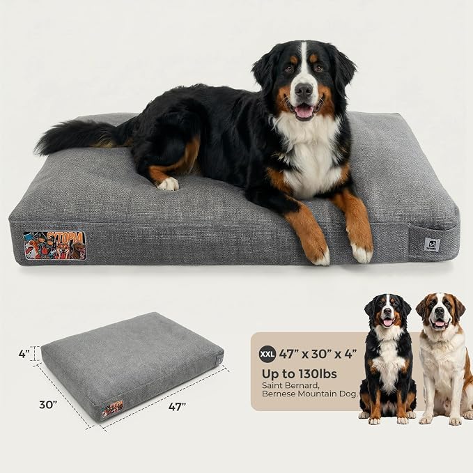 Sytopia 47 Inch Indestructible Durable Dog Beds for XXL Dogs, Chew Proof Waterproof Pet Crate Pad with Machine Washable Removable Cover, Great for Indoor, Outdoor, Crate, Patio Use, Grey