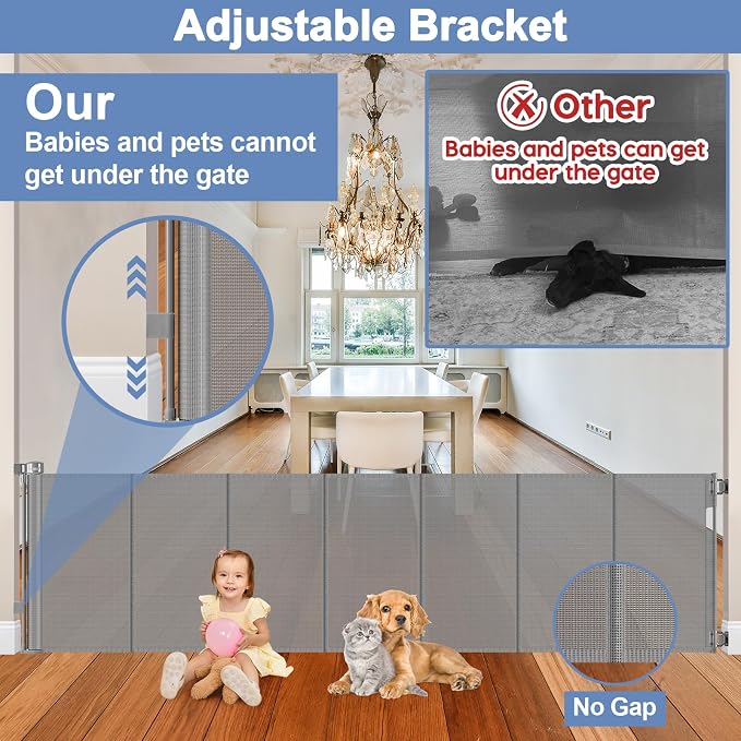 Reinforced bottom 90 Inch Extra Wide Baby Gate for Large Openings Retractable Baby Gates Extra Wide Upgraded Spring Retractable Dog Gate for Doorways Extra Wide Adjustable Bracket Retractable Pet Gate