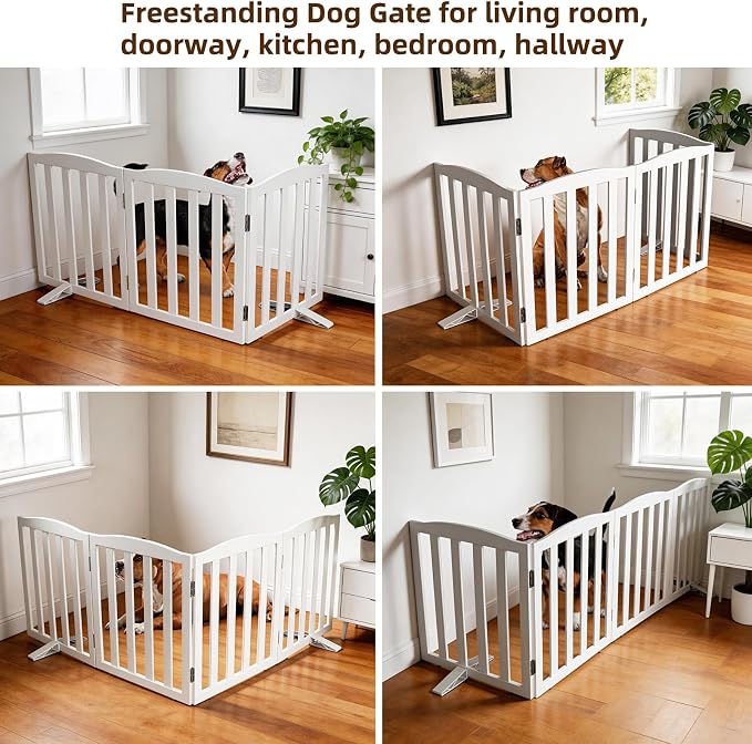 ZJSF Foldable Freestanding Indoor Dog Gate for House Wood White Long Pet Gates Dog Fence for Stairs Puppy Gates for Hallways,Pet Fence, Puppy Gate,Support Feet Included 32 "Height-3 Panels
