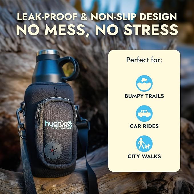 Hydropet Portable Dog Water Bottle (64 oz) – Stainless Steel, BPA-Free, Leak-Proof – Detachable Dog Water Bowl & Dog Food Bowl – Neoprene Carry Bag – Essential Dog Accessories for Daily Walks & Travel