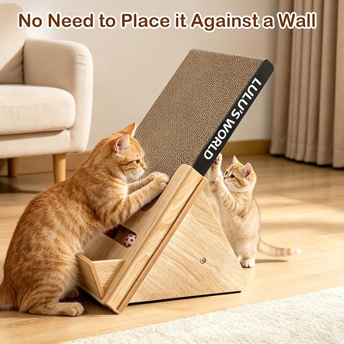Lulu's World Cat Scratcher with Wooden Stand, Replaceable Scratching Cardboard with Ball Toy for Indoor Cats,Cat Scratch Pad Wall Mounted for Indoor