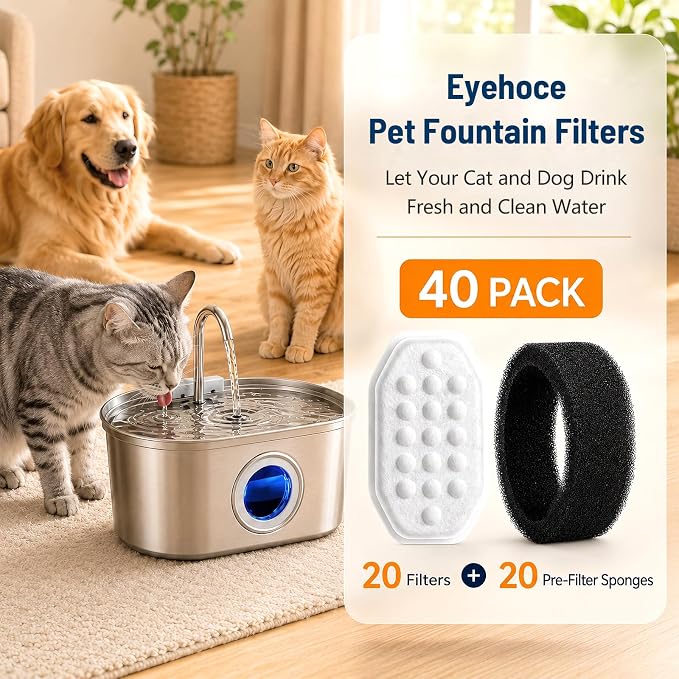 40 Pack Cat Water Fountain Filters-Cat Fountain Replacement Filters for Stainless Steel 3.2L/108oz Adjustable Water Flow Cat Fountain(20 Pack Pet Water Filter Refills+20 Pack Sponges)