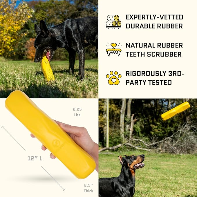 Giant XL Virtually Indestructible Dog Stick - Lifetime Guaranteed - Tough, Durable Toy for Aggressive Chewers - Safe Non-Toxic Natural Rubber - Chew & Tug - Large - 12"x2.5", Heavy 2.25lbs