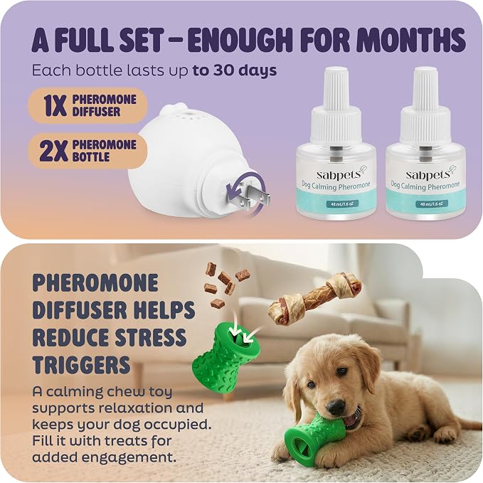 Dog Calming Diffuser Kit Pheromone Plug-in for Dogs, Helps Reduce Pee Accidents, Barking & Separation Anxiety – 1 Diffuser + 2 Refills + Toy | Mess-free support for home routines