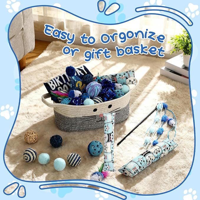 Zopeal 38 Pcs Graduation Cat Toy Set Interactive Cat Toys Pack Including Cats Gift Basket Feather Teaser Wand Plush Gift Outfit Mice Crinkle Balls and Pet Bell Balls, Puzzle for Indoor(Blue)