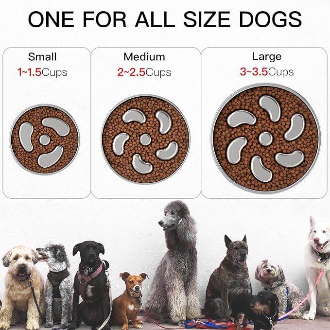 Slow Feeder Dog Bowl-2Cups for Medium Breeds, Double-Layer Stainless Steel, Heavy-Duty with Non-Slip Rubber Base, Puzzle Maze Bowl to Slow Down Eating [2Pack]