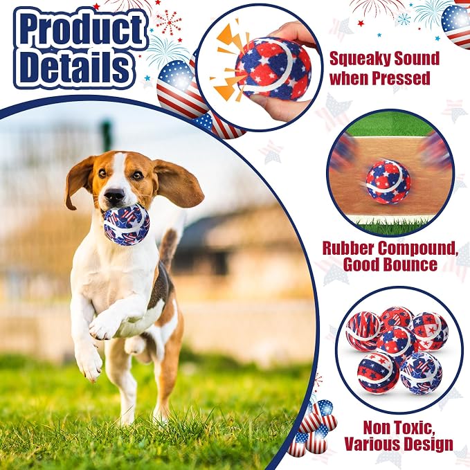 36 Pcs Independence Day Dog Squeaky Tennis Balls 2.5 Inch Interactive Pet Toys Ball for Small Medium Large Dog Plush Chew Toys Teeth Cleaning for Aggressive Chewers Cat Interactive Training