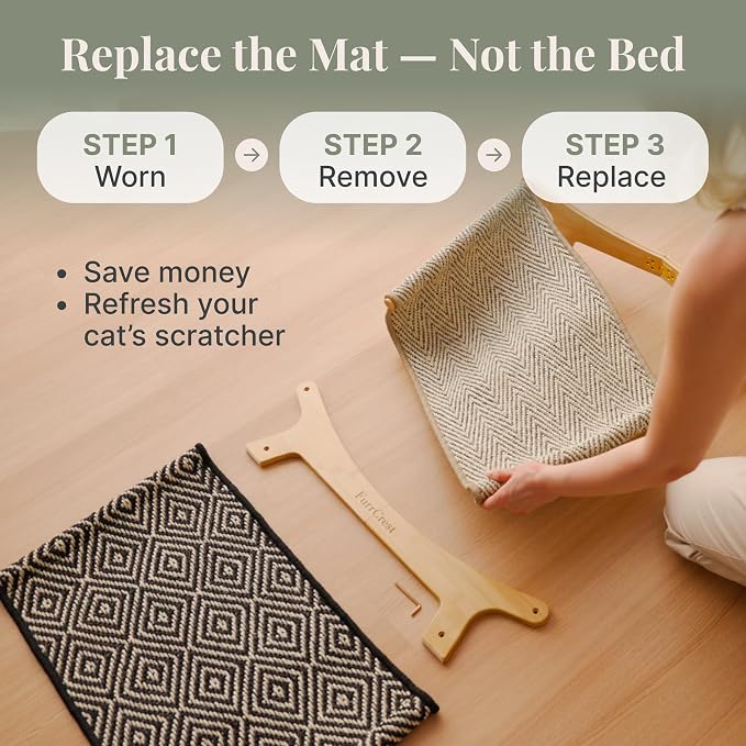XL Cat Scratcher Bed + Replacement Sisal Pad Bundle – Elevated Cat Hammock Lounge, FSC Bamboo Frame, Natural Sisal Cat Scratcher for Indoor Cats, No-Wobble, Large Cat Bed, Natural Grey