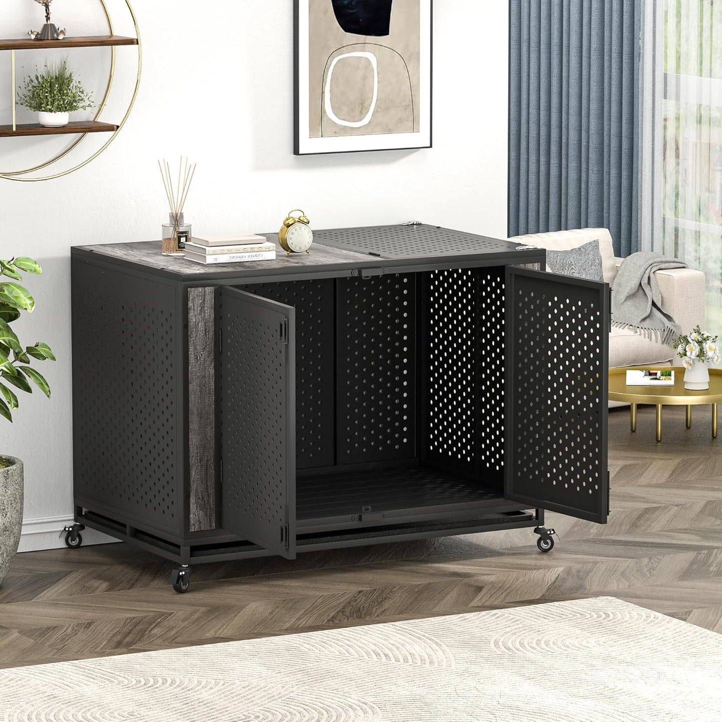 48" Heavy Duty Dog Crate Furniture for Extra Large Dogs, Enclosed Design with 0.5 inch Holes, Indestructible Metal Kennel for High Anxiety Dogs, Chew Proof Pet House Cage Indoor, Gray