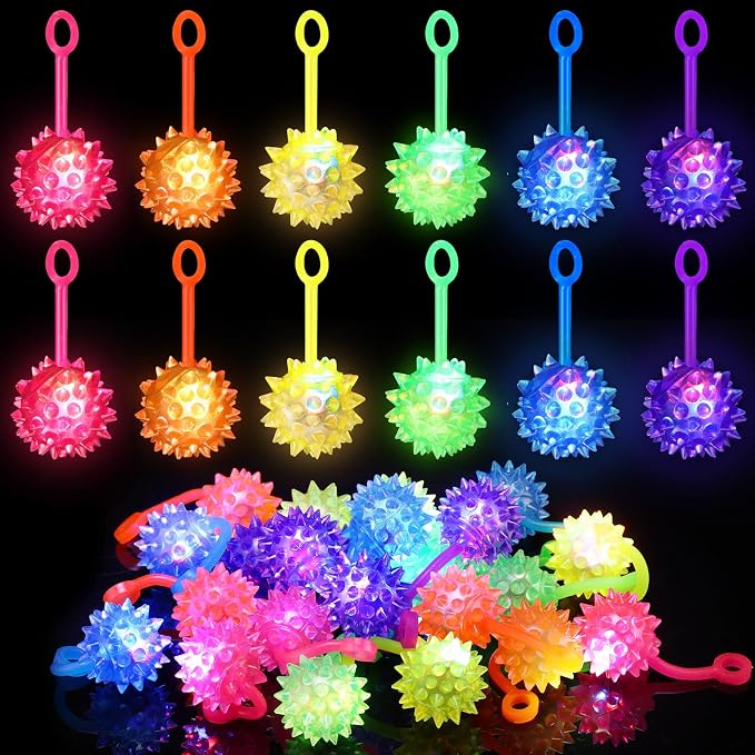 Sotiff 100 Pcs Mini Light up Ball Spiky LED Bouncy Flashing Ball Multicolor Stress Relief Balls Rubber Sensory Glow Balls Carnival Prizes Bulk Items Gifts Birthday Party Favors, 1. 5 Inch