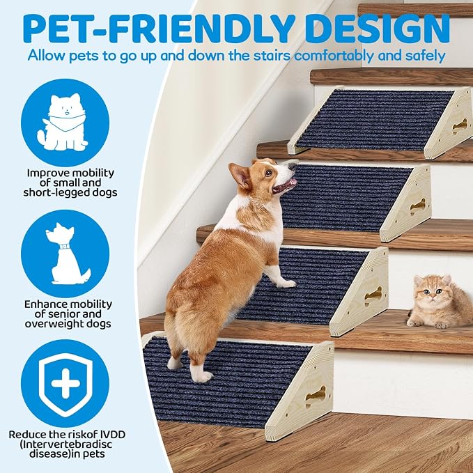 Extra Wide Dog Ramps for Stairs, Wooden Pet Ramp&Stairs for Small Dogs, Non-Slip Pet Steps for Any Staircase, Dog Stair Ramp for Injured Dogs with Anti-Slip Strip, 4 Pack
