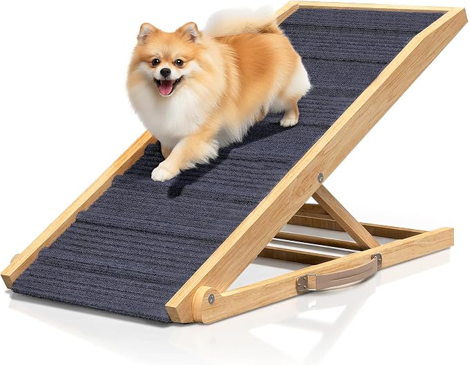 Adjustable Dog Ramp for Bed - 48" Long Foldable Wooden Ramp for Dogs to Get on Bed, Couch, or Car with 16.5" Wide Walking Space (Natural Wood with Gray Carpet)